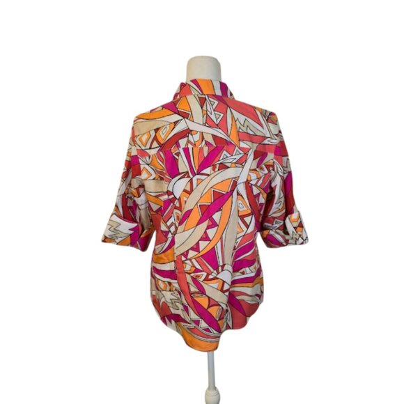 Chico's Button Up Top Women Size Medium Pink Retro Abstract Artsy Preppy - Picture 2 of 8